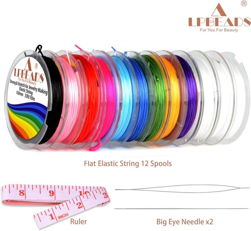 LPBeads 12 Rolls 0.8mm Elastic Stretchy String Cord for Bracelet Jewelry Making with Beading Needles and Ruler - Image 2